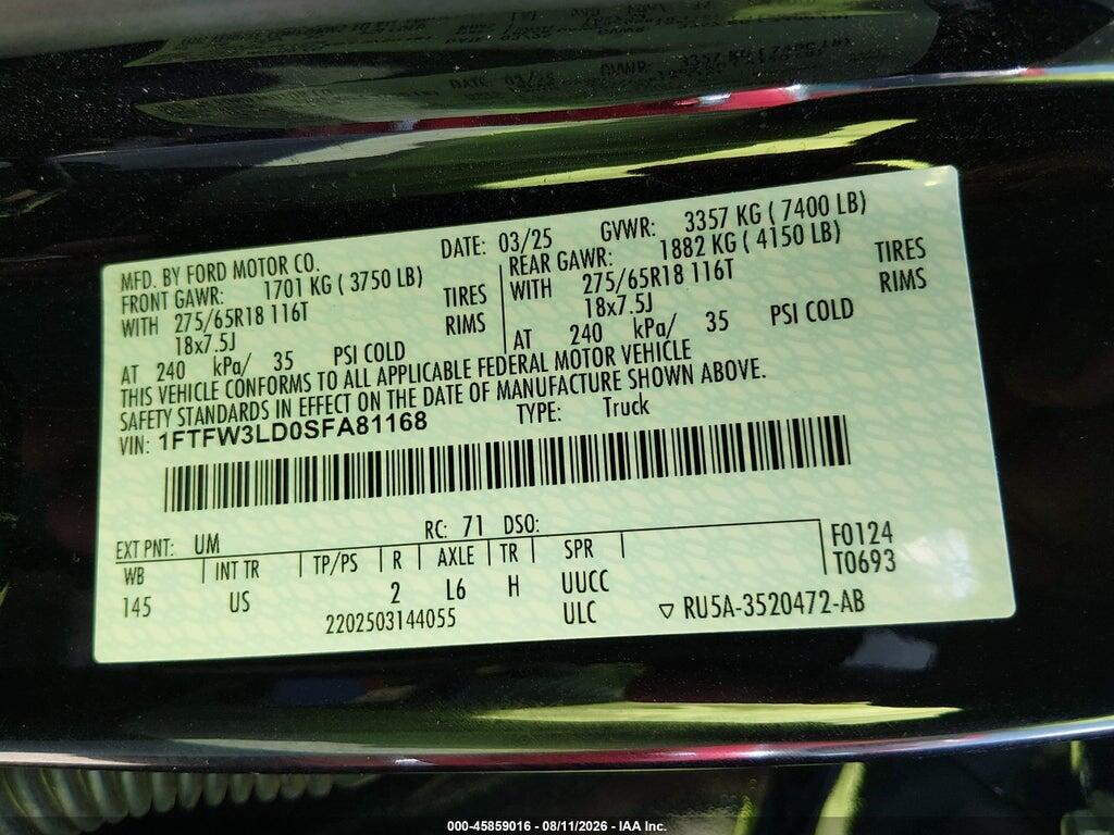 1FTFW3LD0SFA81168 2025 FORD F-150 photo no. 9