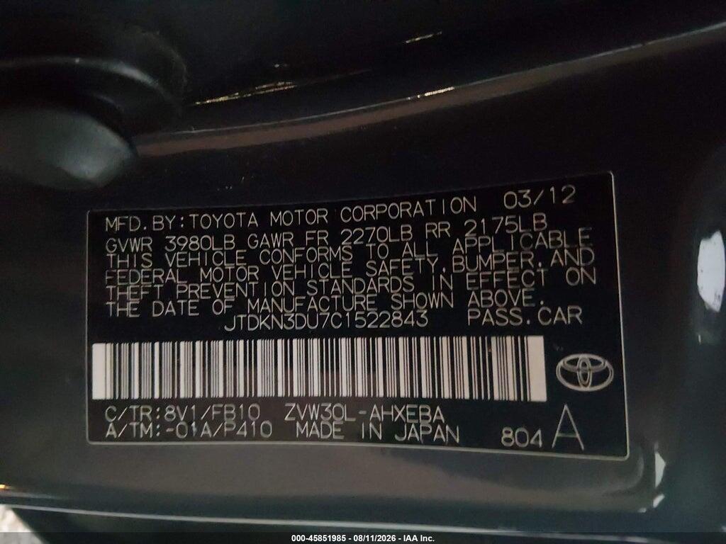 JTDKN3DU7C1522843 2012 TOYOTA PRIUS photo no. 9