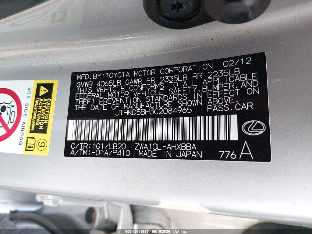 JTHKD5BH3C2084965 2012 LEXUS CT 200H photo no. 9
