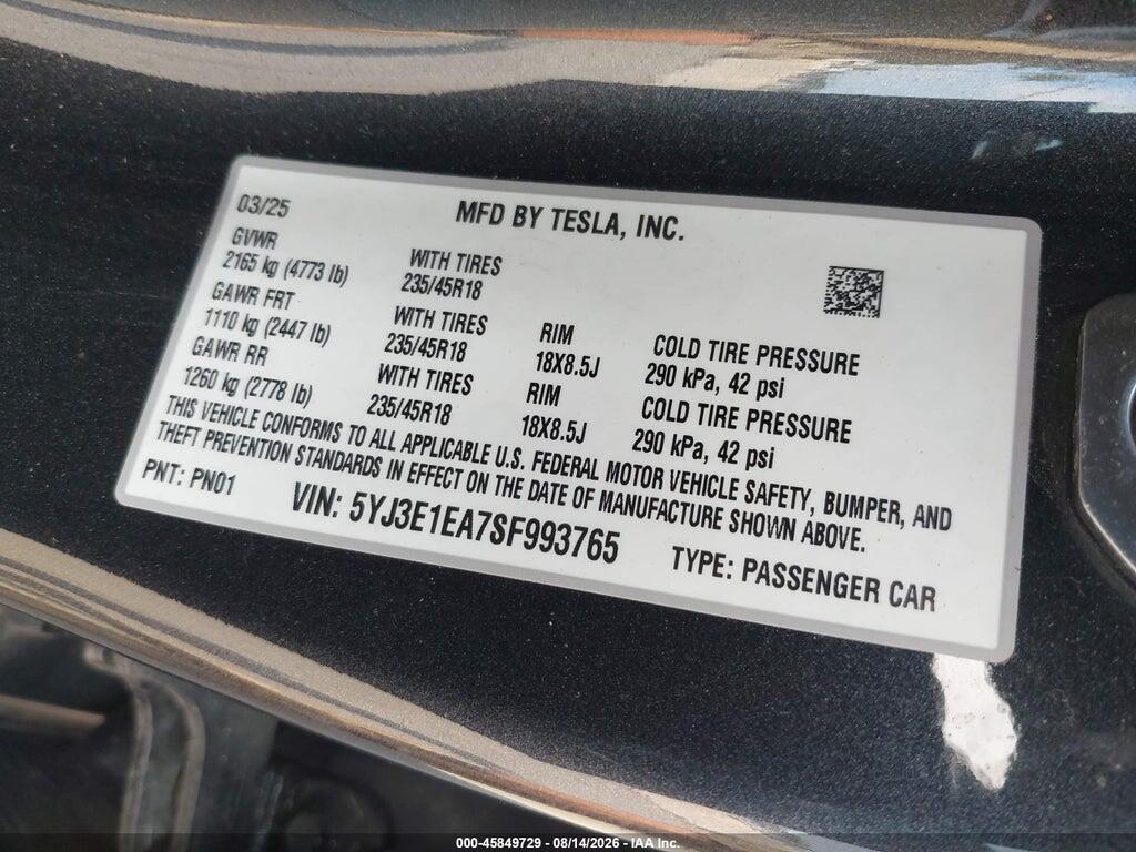 5YJ3E1EA7SF993765 2025 TESLA MODEL 3 photo no. 9