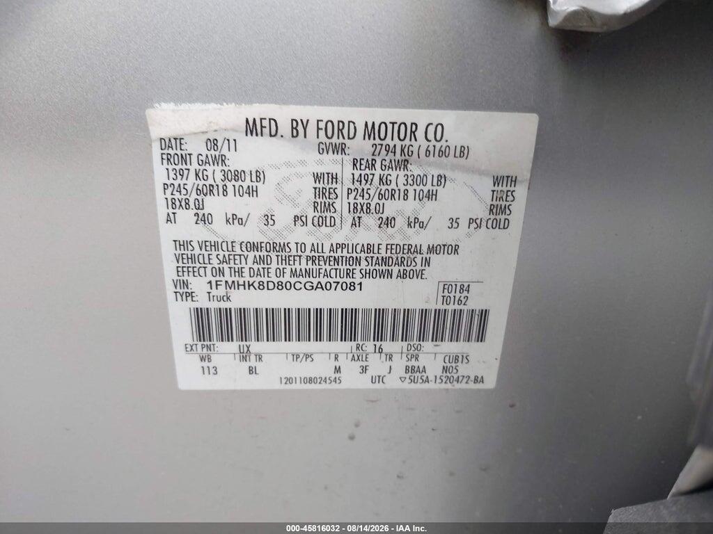 1FMHK8D80CGA07081 2012 FORD EXPLORER photo no. 9