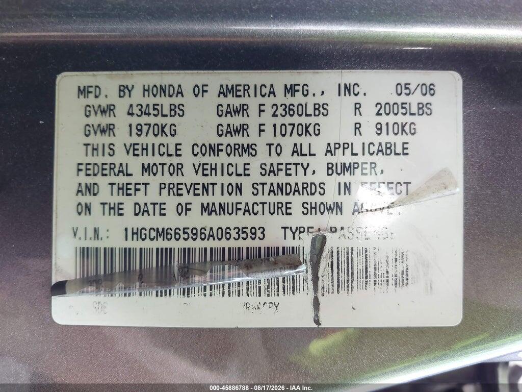 1HGCM66596A063593 2006 HONDA ACCORD photo no. 9