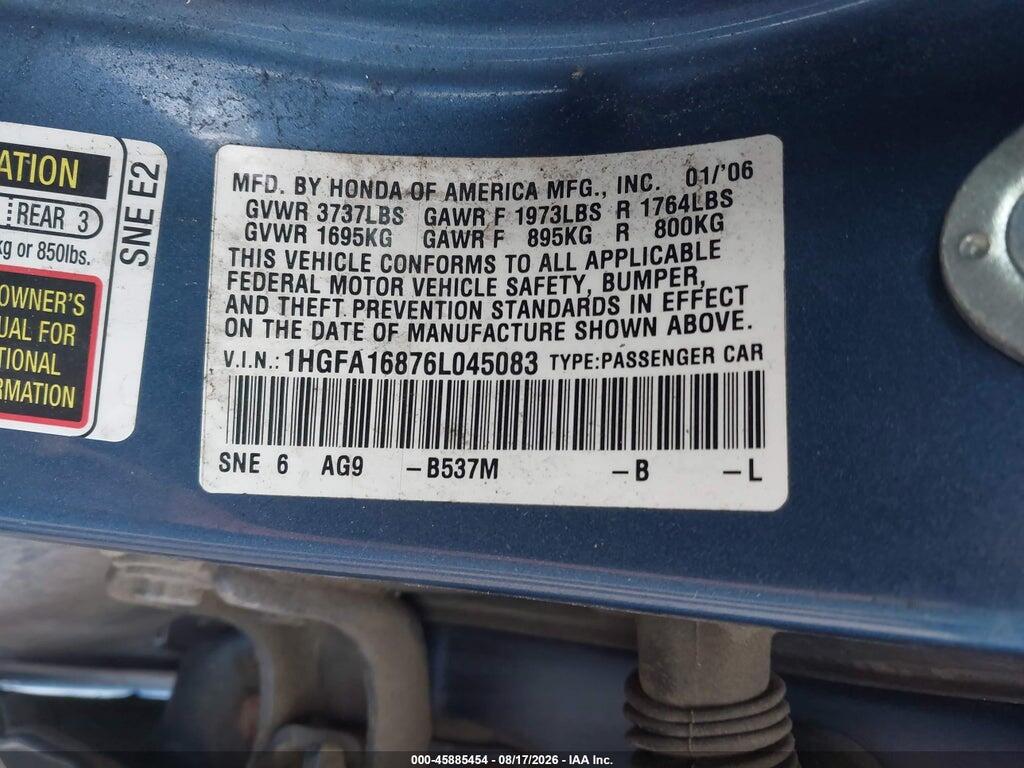 1HGFA16876L045083 2006 HONDA CIVIC photo no. 9
