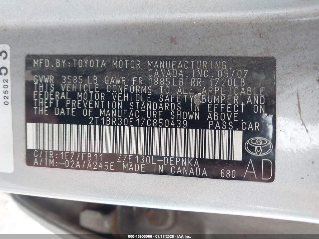 2T1BR30E17C850439 2007 TOYOTA COROLLA photo no. 9