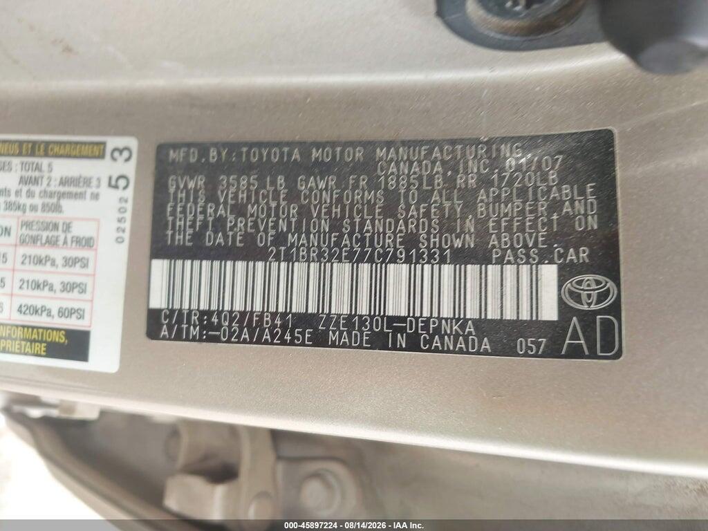 2T1BR32E77C791331 2007 TOYOTA COROLLA photo no. 9