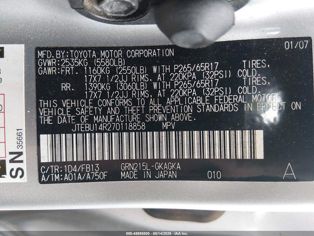 JTEBU14R270118858 2007 TOYOTA 4RUNNER photo no. 9