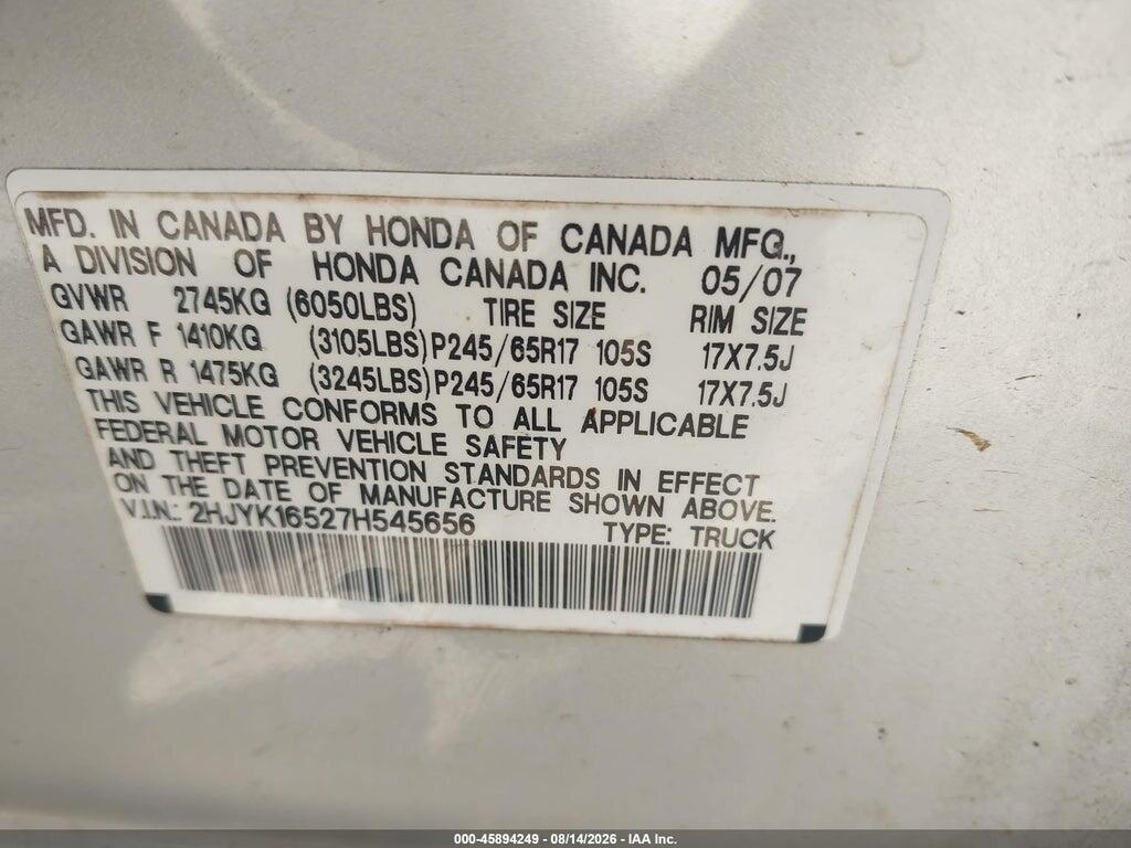 2HJYK16527H545656 2007 HONDA RIDGELINE photo no. 9