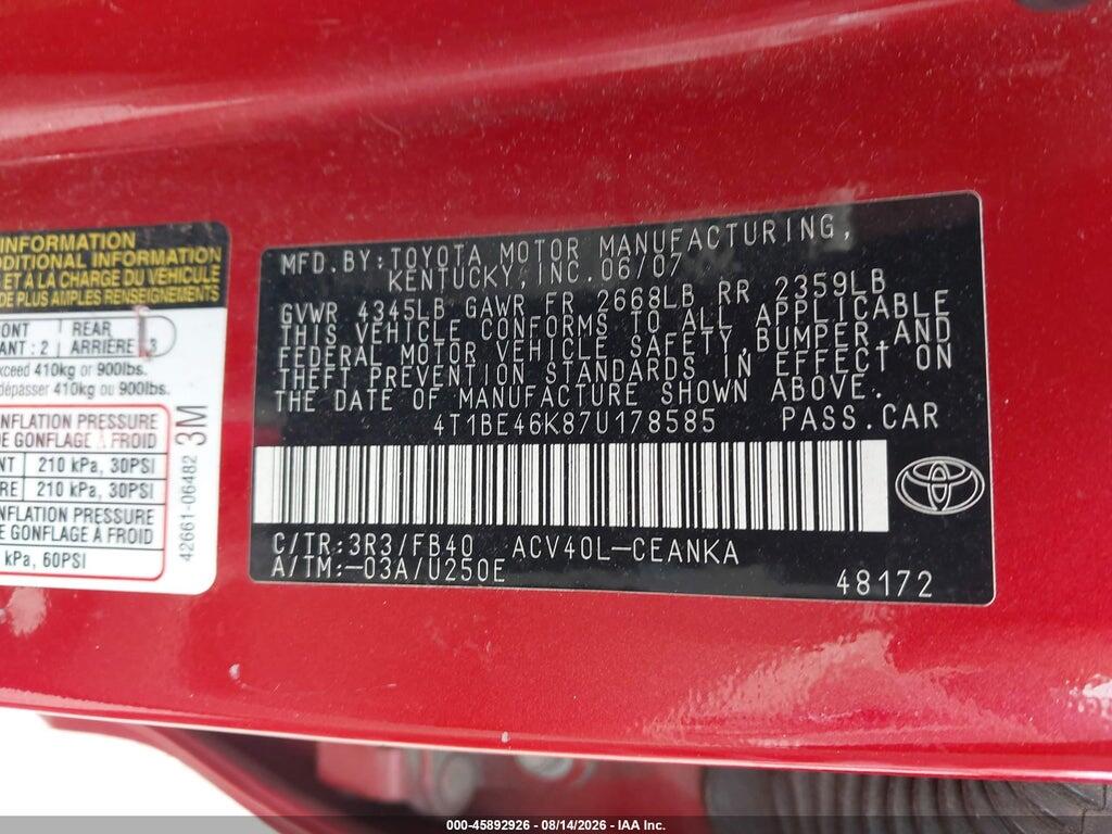 4T1BE46K87U178585 2007 TOYOTA CAMRY photo no. 9