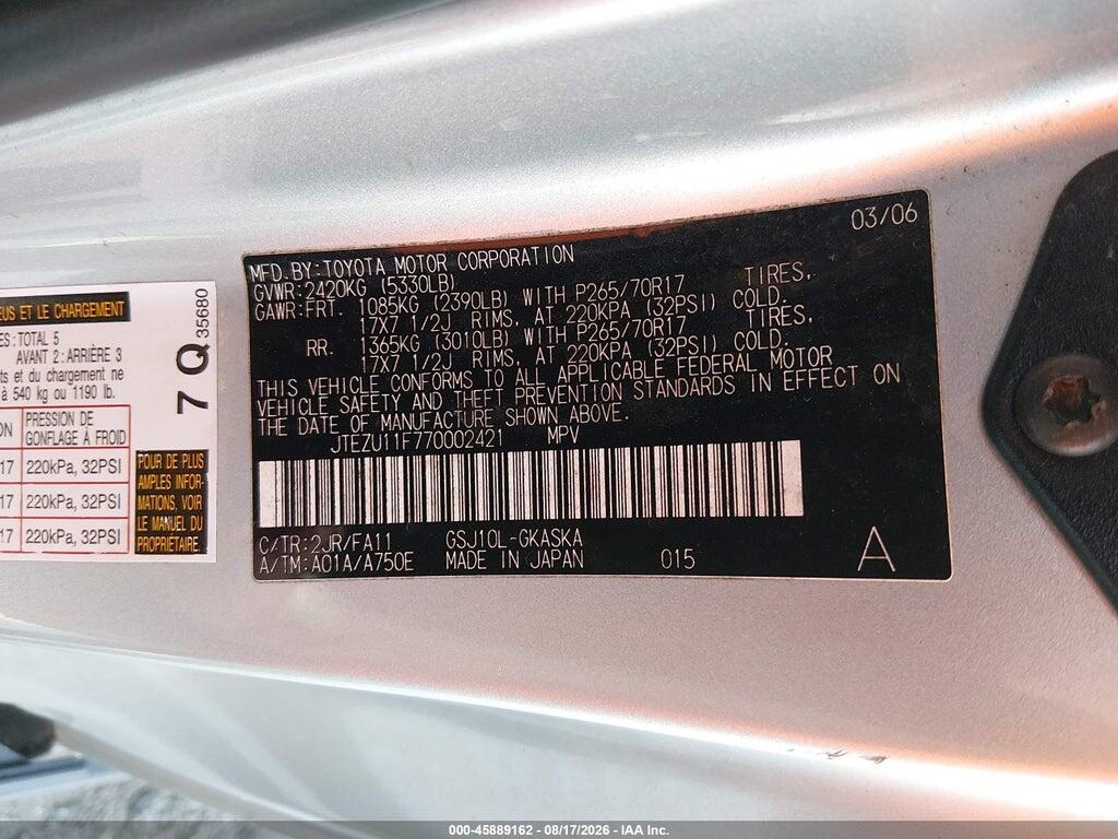JTEZU11F770002421 2007 TOYOTA FJ CRUISER photo no. 9