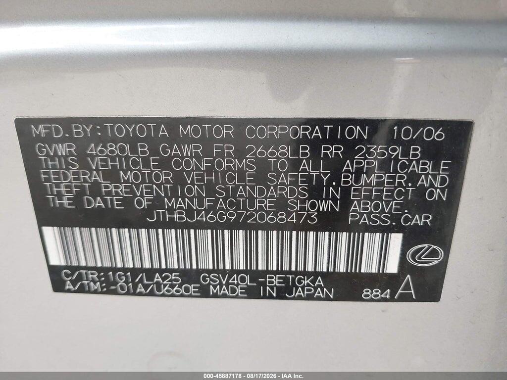 JTHBJ46G972068473 2007 LEXUS ES 350 photo no. 9