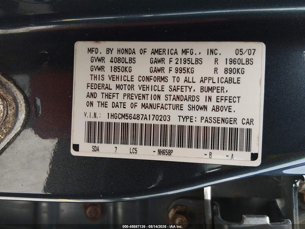 1HGCM56487A170203 2007 HONDA ACCORD photo no. 9