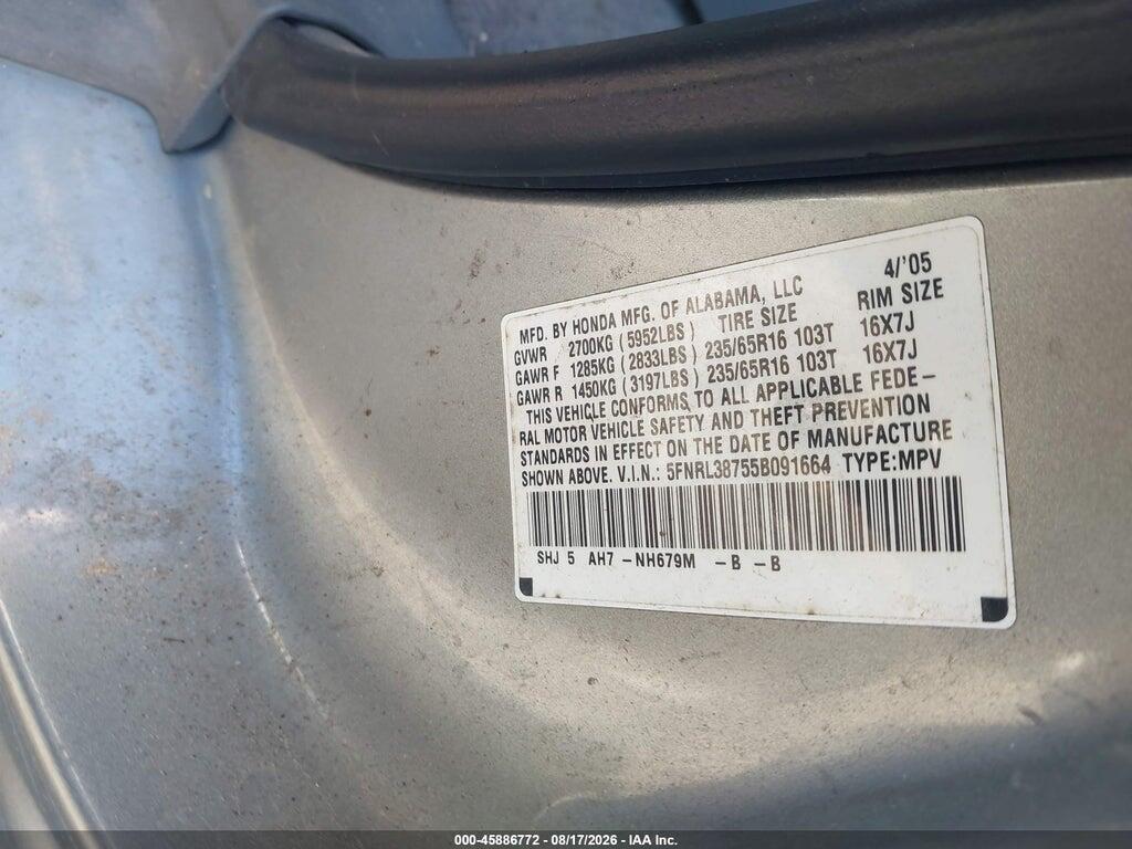 5FNRL38755B091664 2005 HONDA ODYSSEY photo no. 9