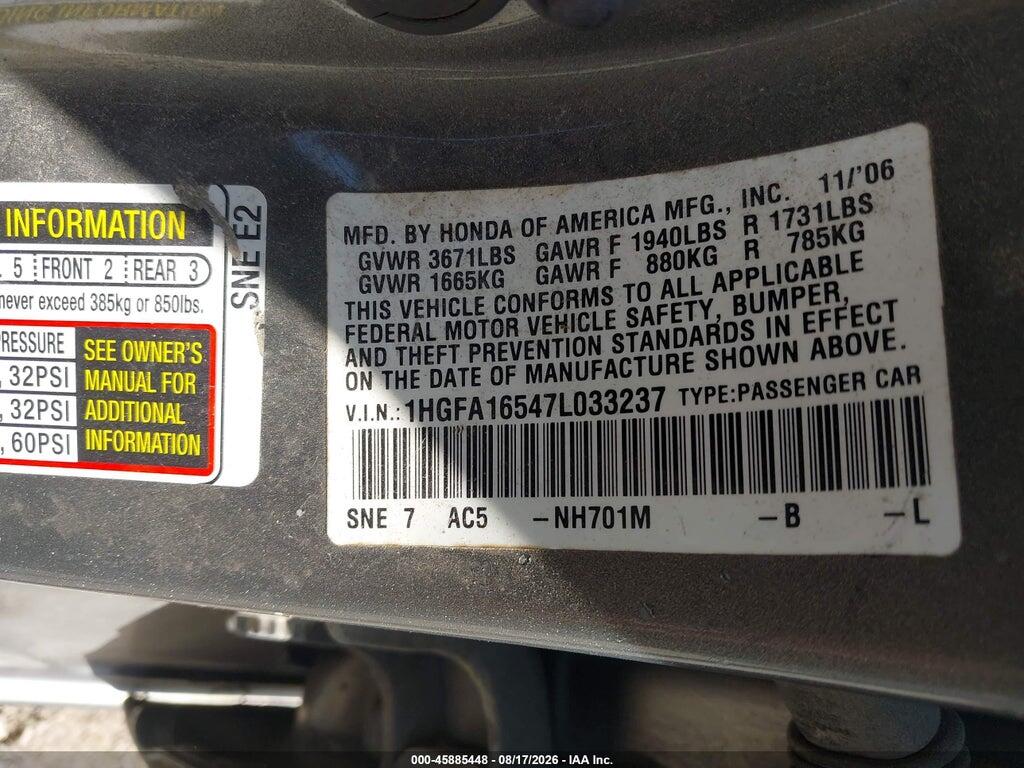 1HGFA16547L033237 2007 HONDA CIVIC photo no. 9