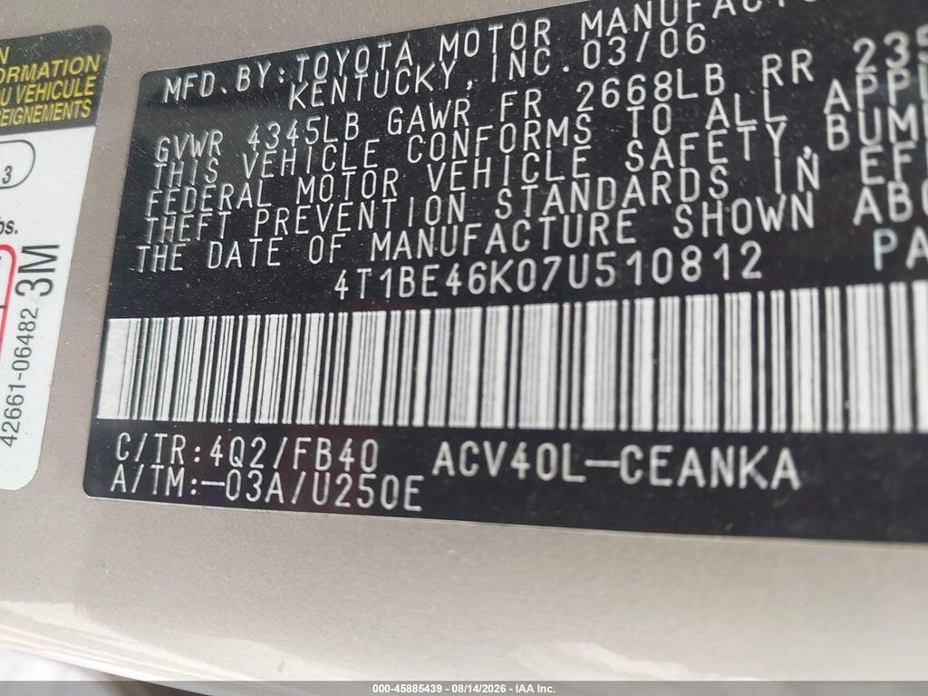 4T1BE46K07U510812 2007 TOYOTA CAMRY photo no. 9