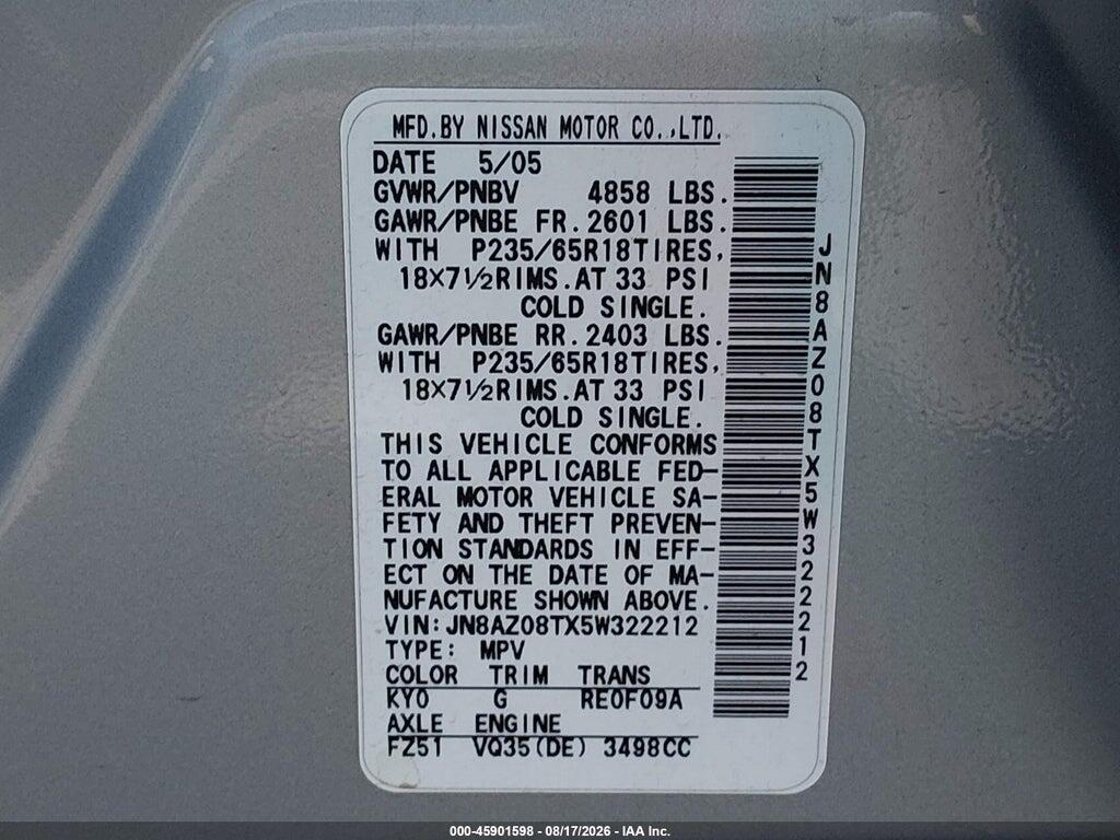 JN8AZ08TX5W322212 2005 NISSAN MURANO photo no. 9