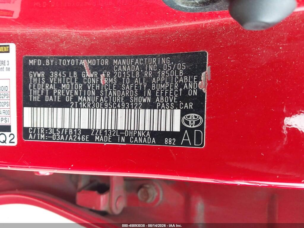 2T1KR30E95C493122 2005 TOYOTA MATRIX photo no. 9