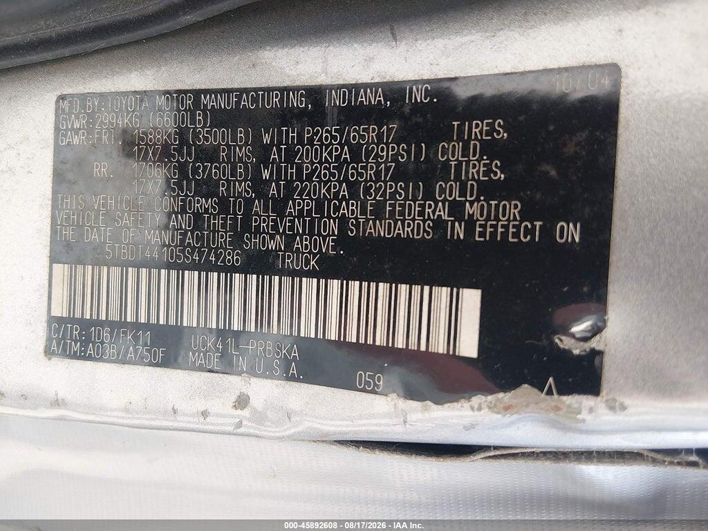 5TBDT44105S474286 2005 TOYOTA TUNDRA photo no. 9