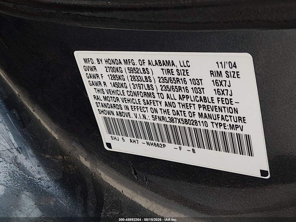 5FNRL387X5B028110 2005 HONDA ODYSSEY photo no. 9
