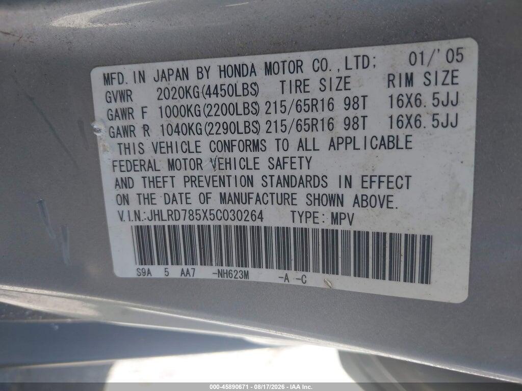 JHLRD785X5C030264 2005 HONDA CR-V photo no. 9