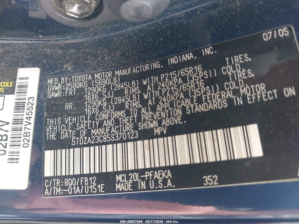 5TDZA23C85S370123 2005 TOYOTA SIENNA photo no. 9