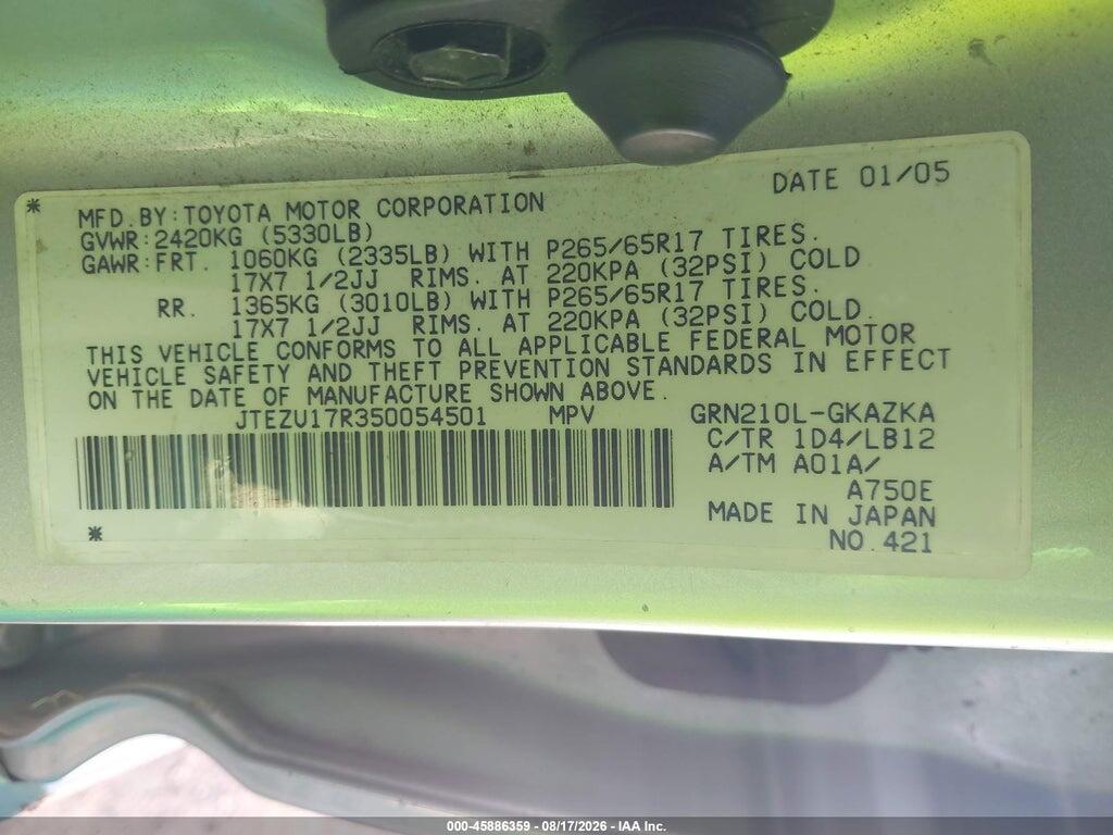 JTEZU17R350054501 2005 TOYOTA 4RUNNER photo no. 9