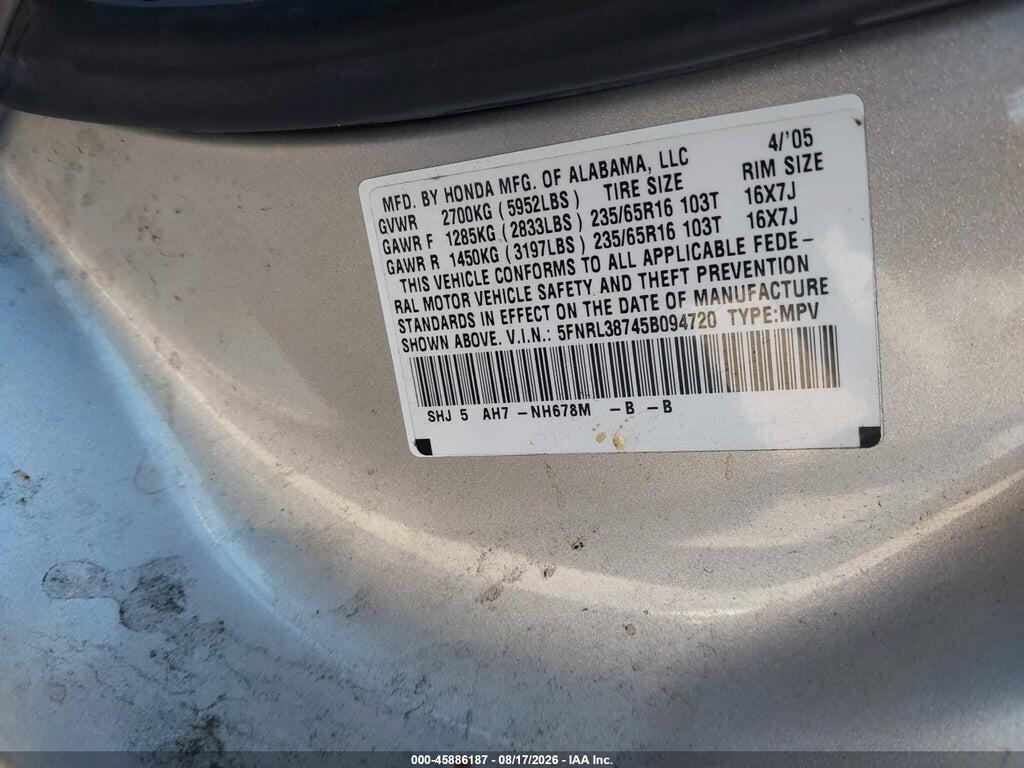 5FNRL38745B094720 2005 HONDA ODYSSEY photo no. 9