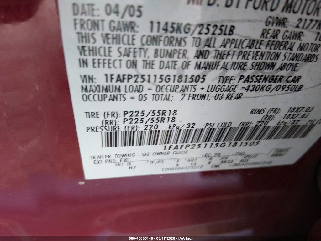 1FAFP25115G181505 2005 FORD FIVE HUNDRED photo no. 9