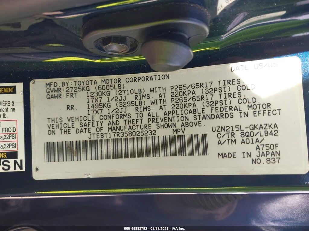 JTEBT17R358025232 2005 TOYOTA 4RUNNER photo no. 9
