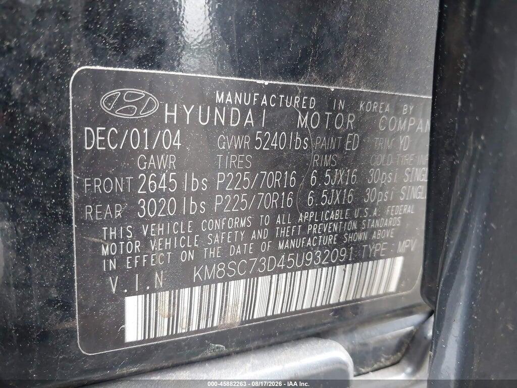 KM8SC73D45U932091 2005 HYUNDAI SANTA FE photo no. 9
