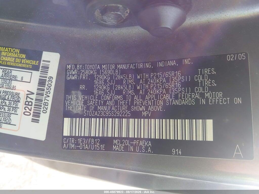 5TDZA23C95S292225 2005 TOYOTA SIENNA photo no. 9