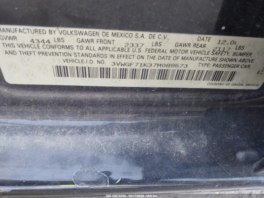 3VWGF71K37M089573 2007 VOLKSWAGEN JETTA photo no. 9