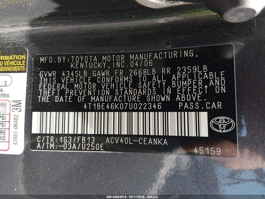 4T1BE46K07U022346 2007 TOYOTA CAMRY photo no. 9