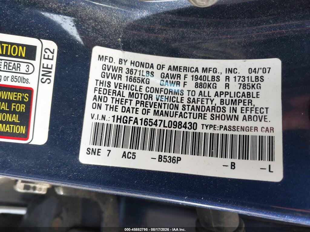 1HGFA16547L098430 2007 HONDA CIVIC photo no. 9