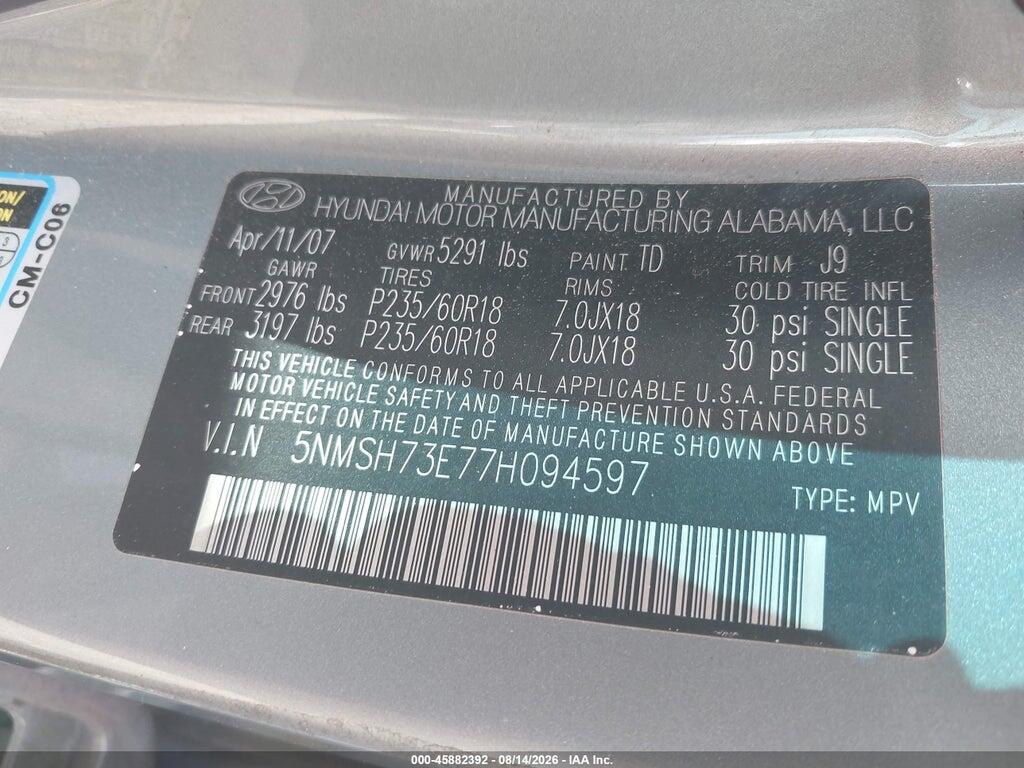 5NMSH73E77H094597 2007 HYUNDAI SANTA FE photo no. 9