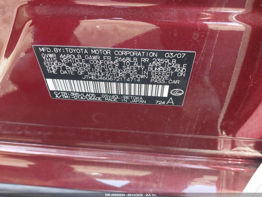 JTHBJ46G672114714 2007 LEXUS ES 350 photo no. 9
