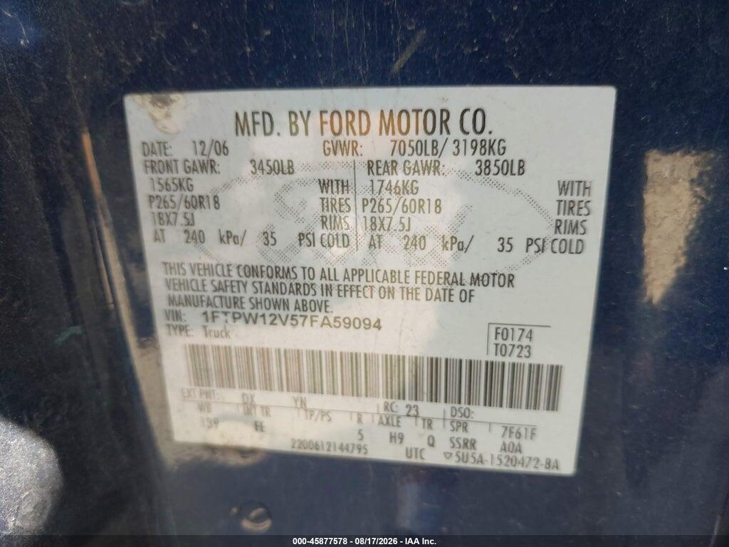 1FTPW12V57FA59094 2007 FORD F-150 photo no. 9