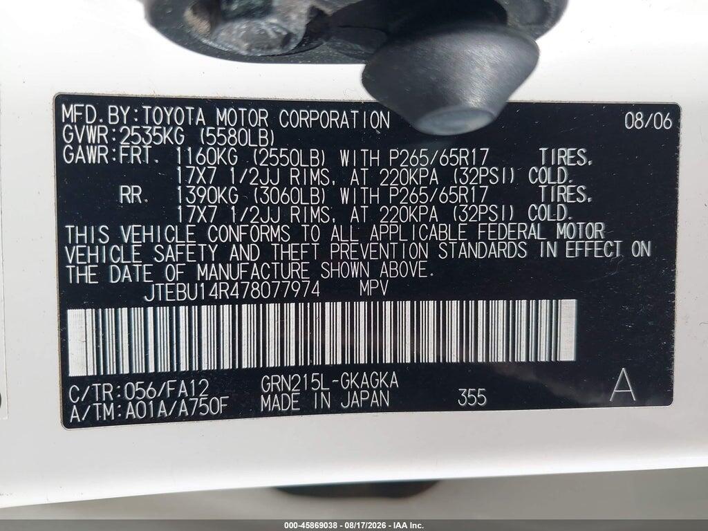 JTEBU14R478077974 2007 TOYOTA 4RUNNER photo no. 9
