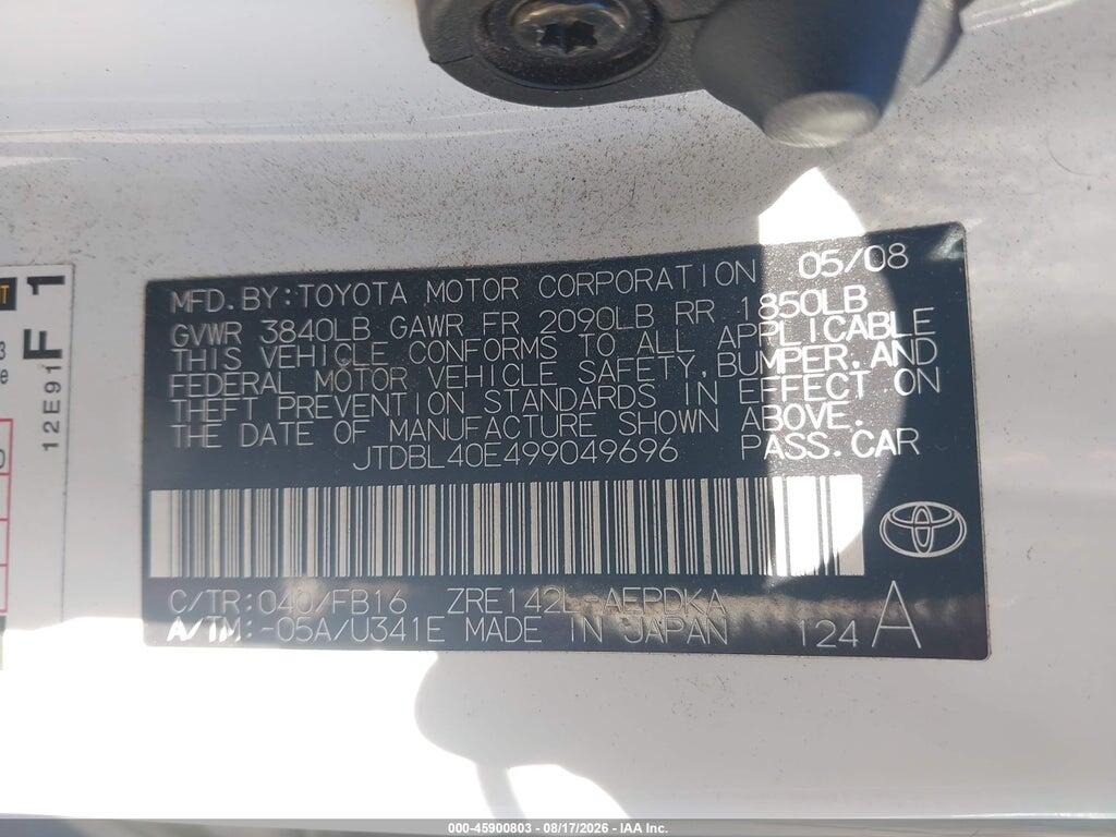 JTDBL40E499049696 2009 TOYOTA COROLLA photo no. 9