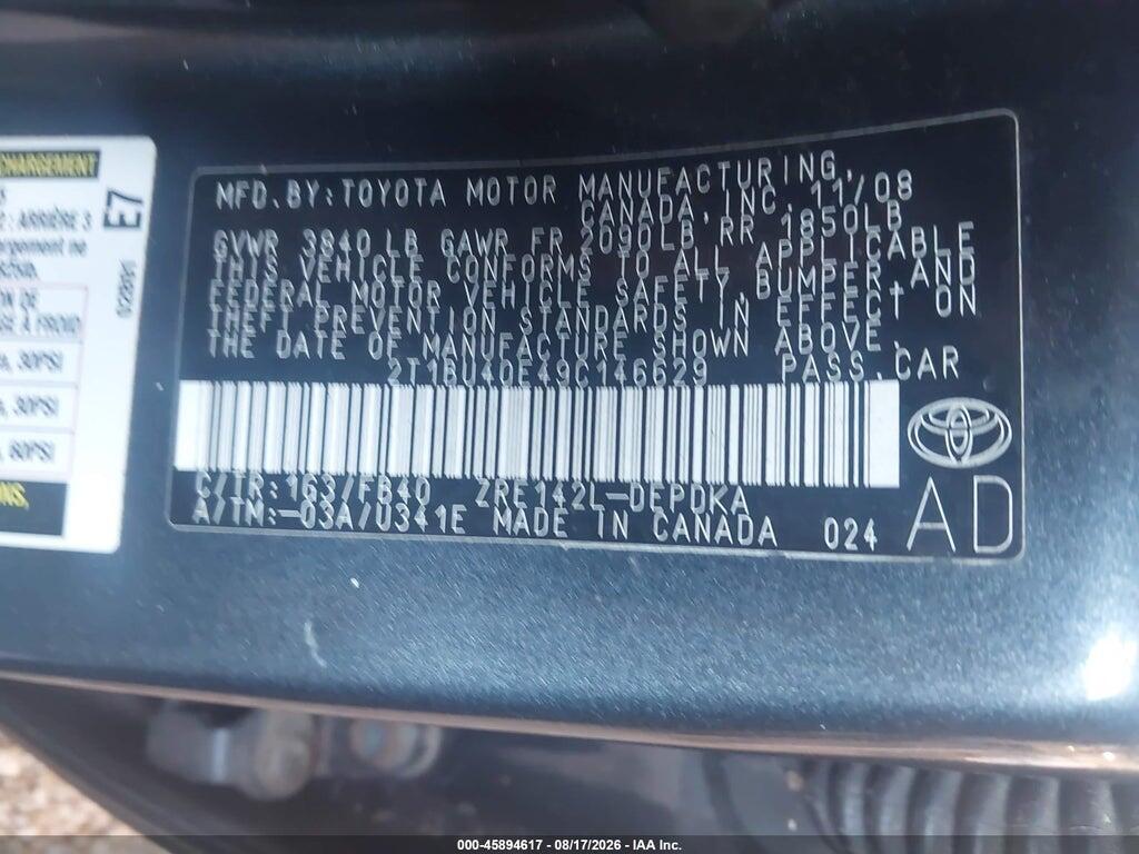 2T1BU40E49C146629 2009 TOYOTA COROLLA photo no. 9