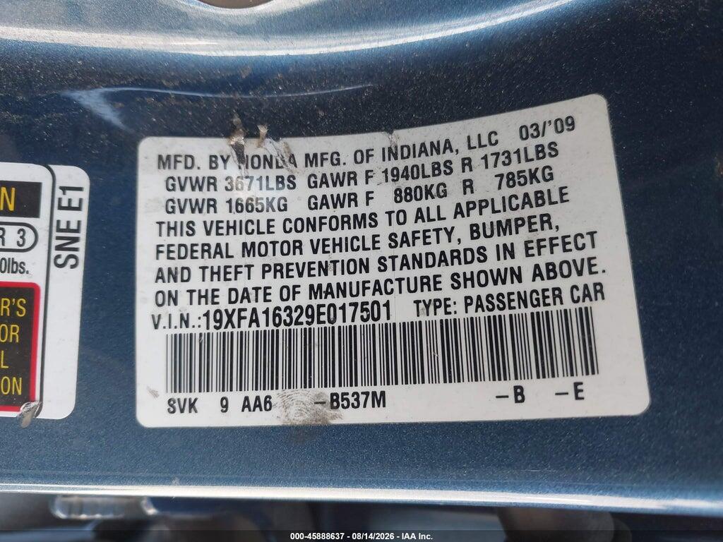 19XFA16329E017501 2009 HONDA CIVIC photo no. 9