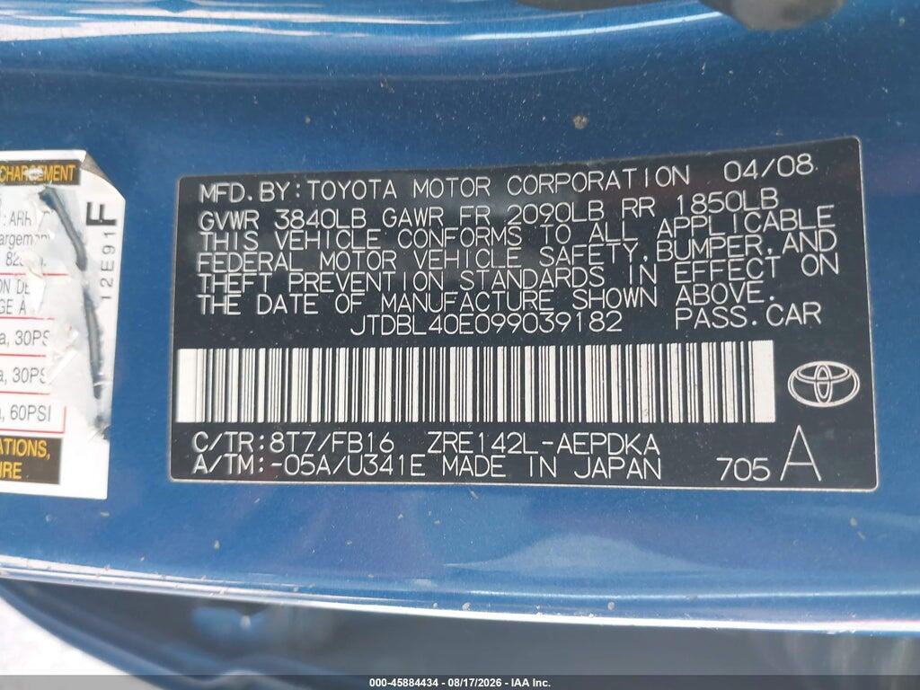 JTDBL40E099039182 2009 TOYOTA COROLLA photo no. 9