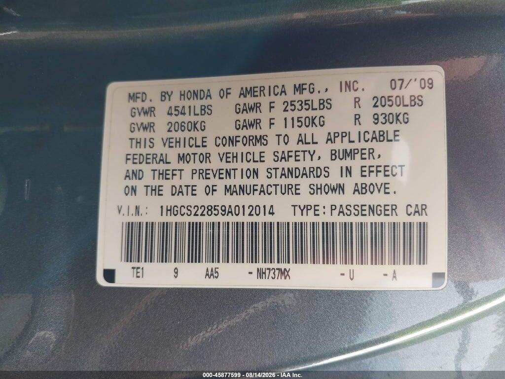 1HGCS22859A012014 2009 HONDA ACCORD photo no. 9