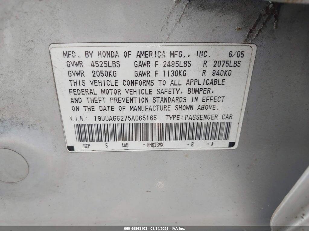 19UUA66275A065165 2005 ACURA TL photo no. 9