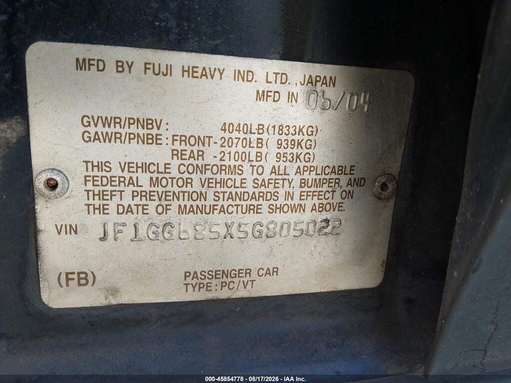 JF1GG685X5G805022 2005 SUBARU IMPREZA OUTBACK SPORT photo no. 9