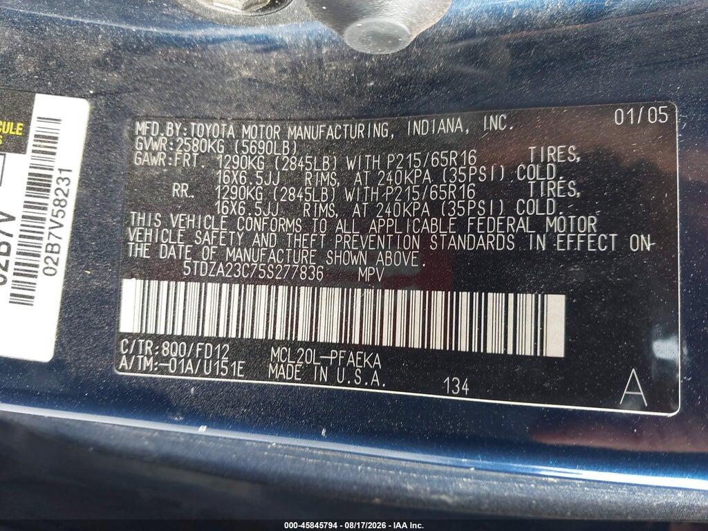 5TDZA23C75S277836 2005 TOYOTA SIENNA photo no. 9
