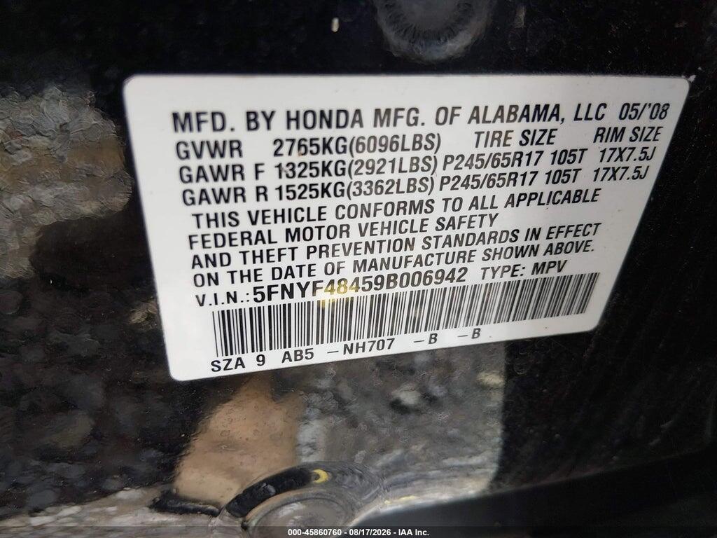 5FNYF48459B006942 2009 HONDA PILOT photo no. 9