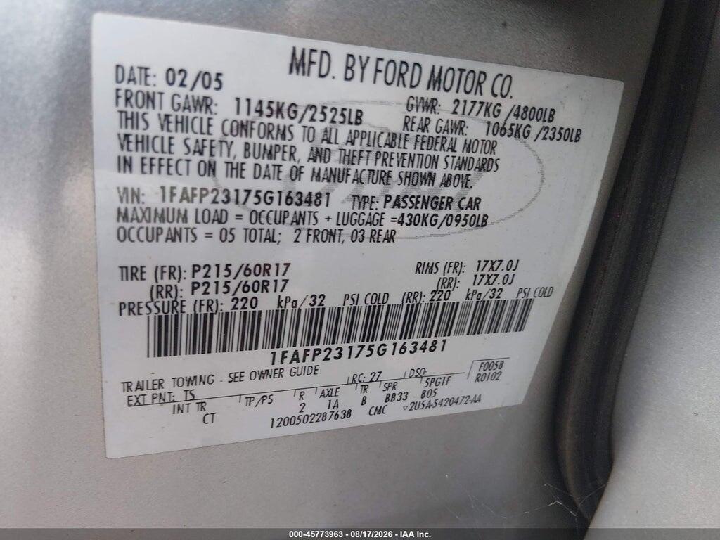 1FAFP23175G163481 2005 FORD FIVE HUNDRED photo no. 9