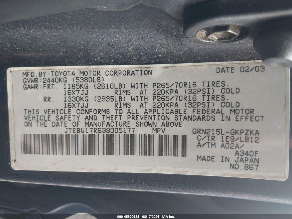 JTEBU17R638005177 2003 TOYOTA 4RUNNER photo no. 9