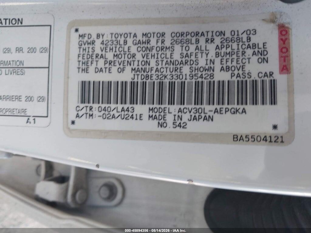 JTDBE32K330195428 2003 TOYOTA CAMRY photo no. 9