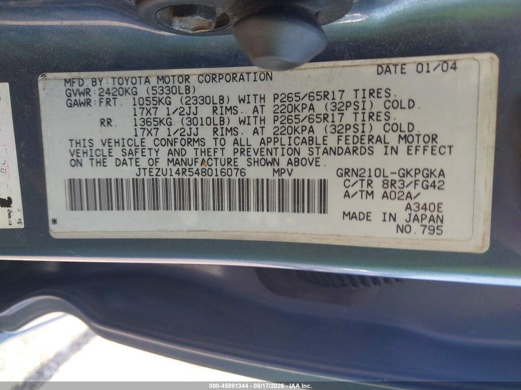 JTEZU14R548016076 2004 TOYOTA 4RUNNER photo no. 9